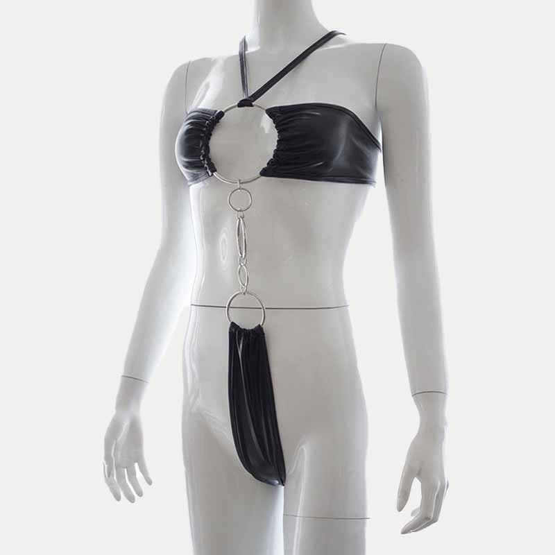 Hoop Deocr Sexy Halter One-piece PU Lingerie