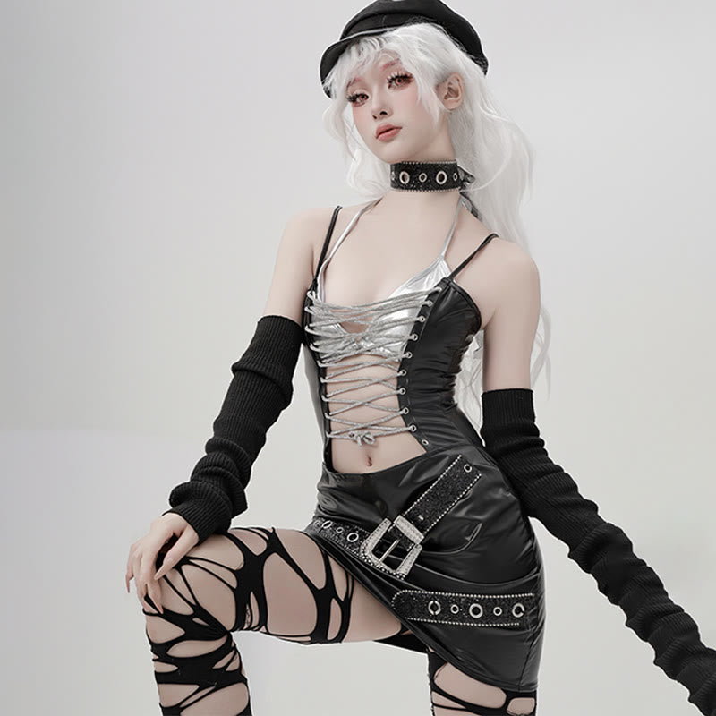 Rhinestone Lace-up Hollow Out Lingerie Dress Set