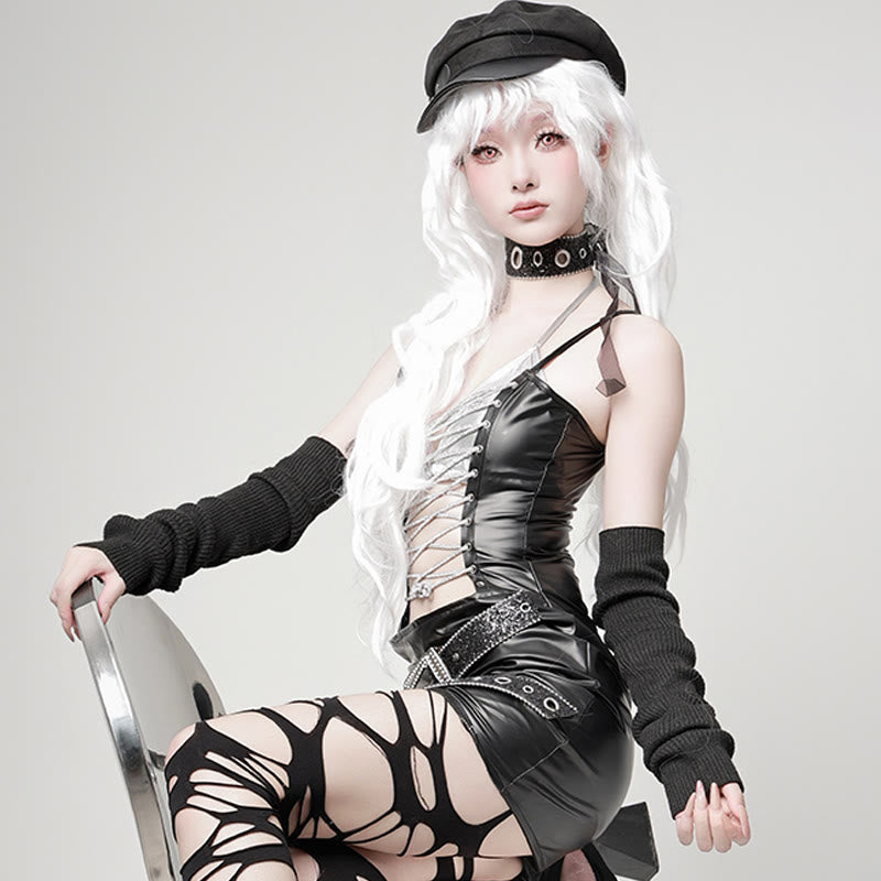 Rhinestone Lace-up Hollow Out Lingerie Dress Set