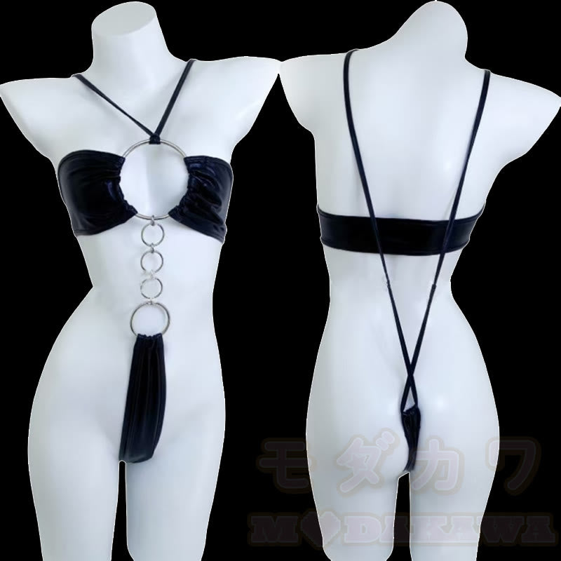 Hoop Deocr Sexy Halter One-piece PU Lingerie