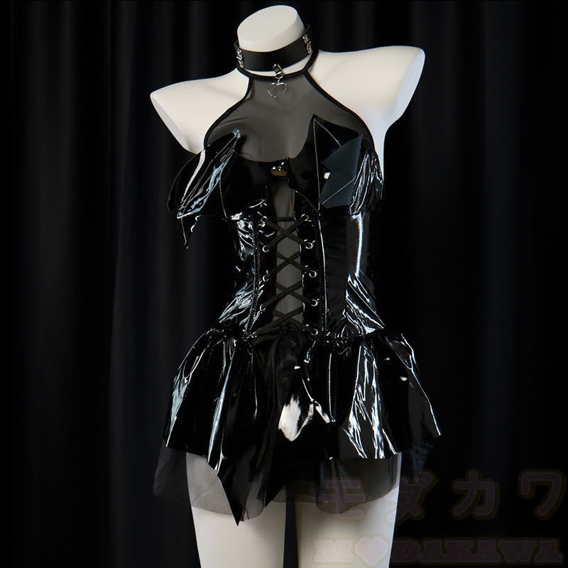 Halter Lace Up Little Demon PU Lingerie Set
