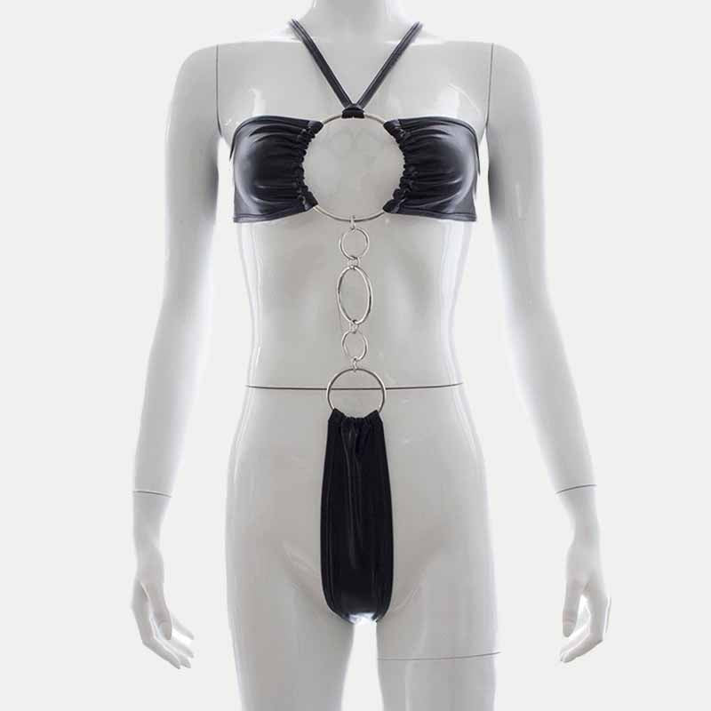 Hoop Deocr Sexy Halter One-piece PU Lingerie