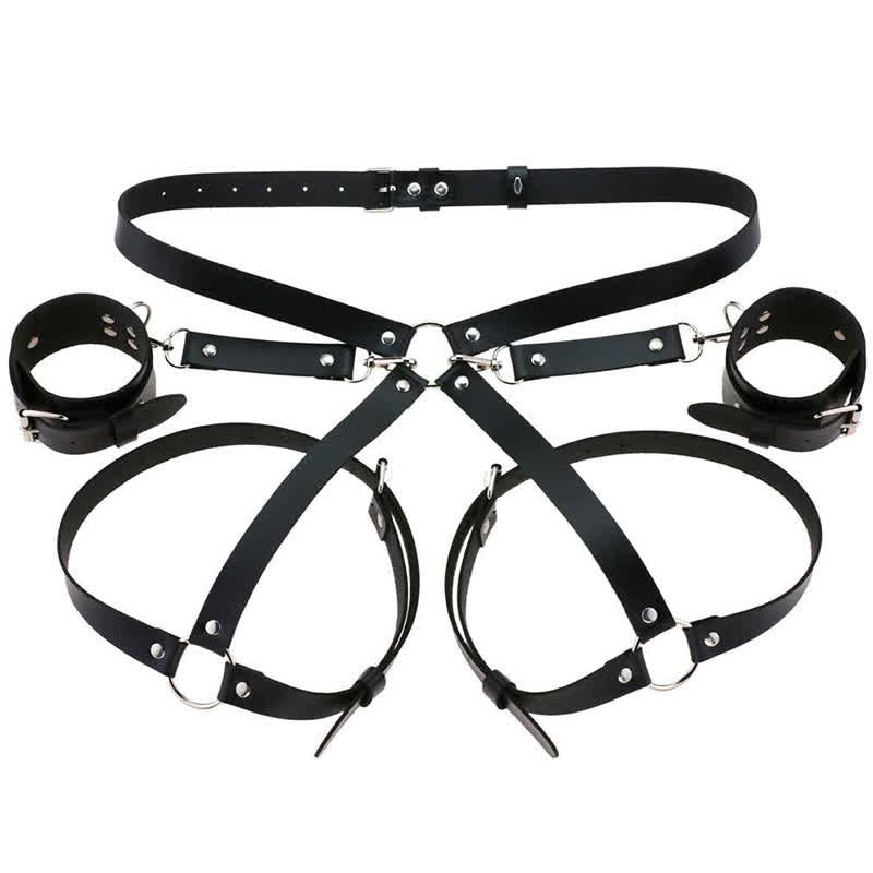 Hollow Out PU Leg Harness Lingerie With Handcuffs