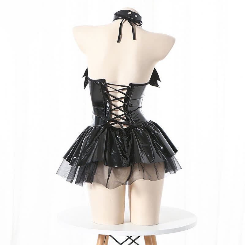 Halter Lace Up Little Demon PU Lingerie Set