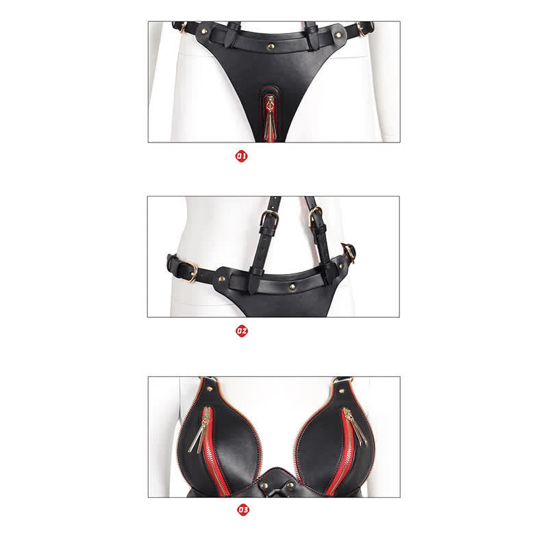 Sexy Zipper PU Lingerie Set