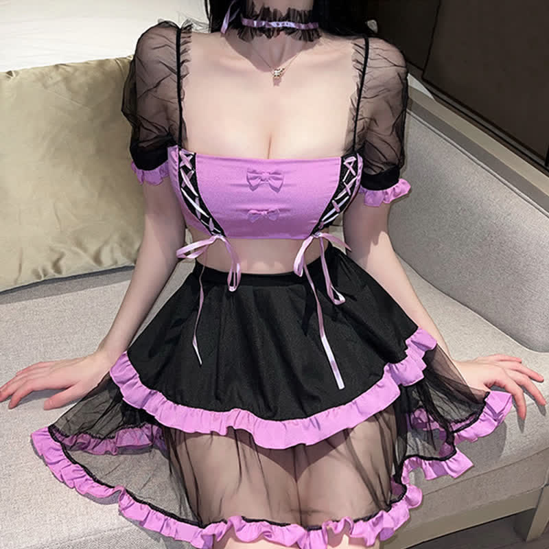 Cosplay Maid Tulle Lace Up Lingerie Set