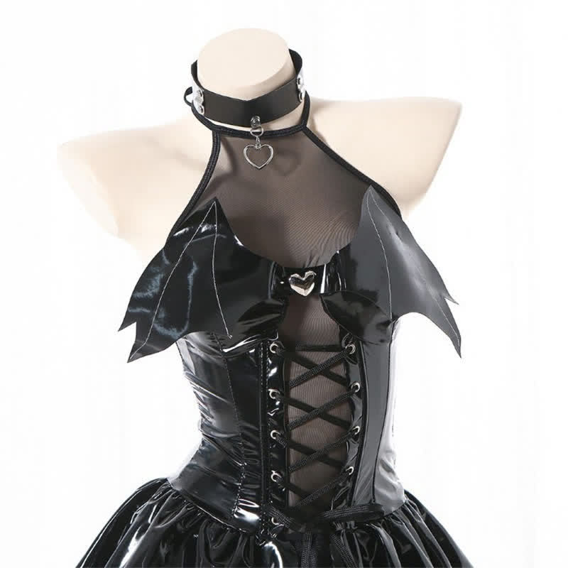 Halter Lace Up Little Demon PU Lingerie Set