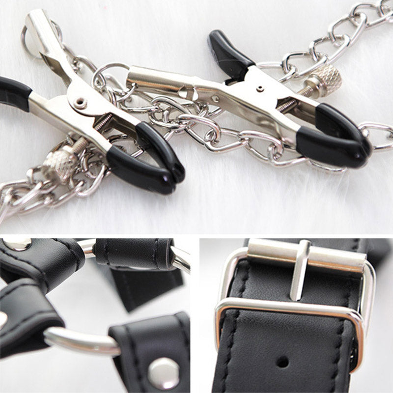 Hollow Out PU Lingerie With Nipple Clamps