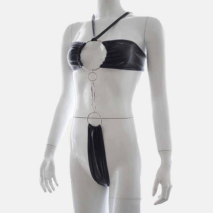 Hoop Deocr Sexy Halter One-piece PU Lingerie