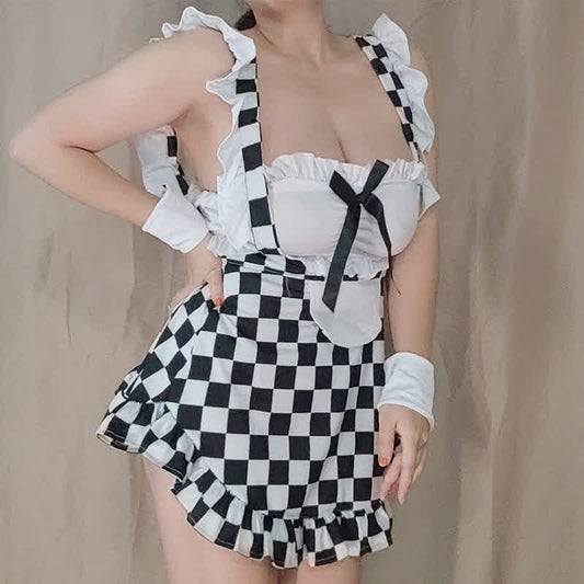 Plus Size Ruffled Lingerie Plaid Maid Slit Skirt Set