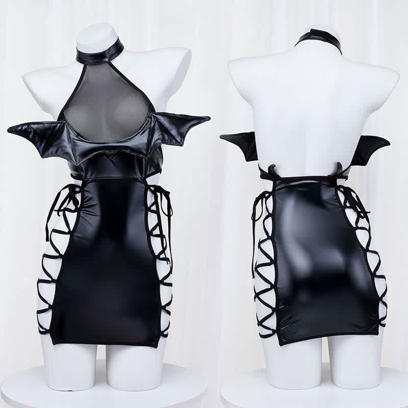 Little Devil Lace Up Hollow Out PU Lingerie Dress