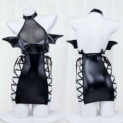 Little Devil Lace Up Hollow Out PU Lingerie Dress