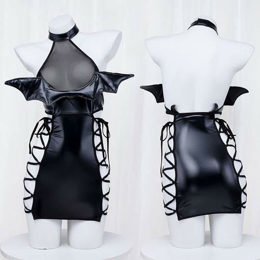Little Devil Lace Up Hollow Out PU Lingerie Dress