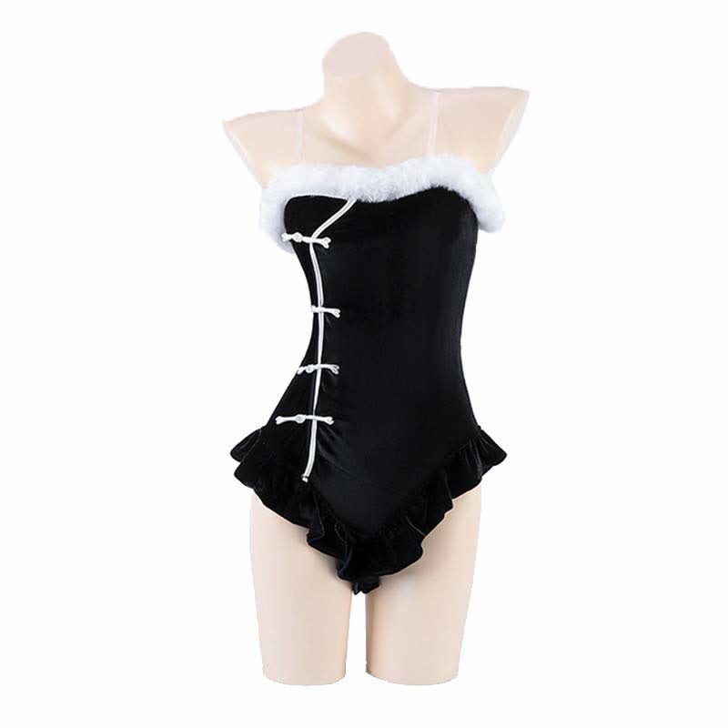 Sexy Off The Shoulder Button Ruffled Plush Jumpsuit Cheongsam Lingerie