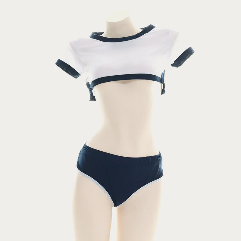 School Style Split Mini Crop Top Panty Lingerie Set