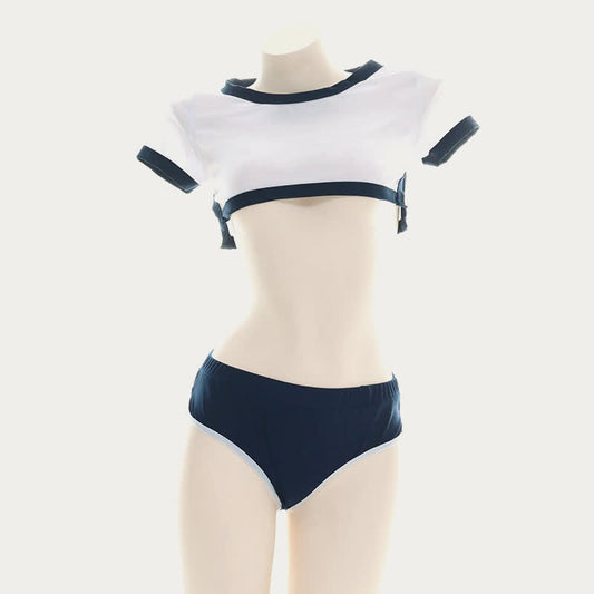 School Style Split Mini Crop Top Panty Lingerie Set