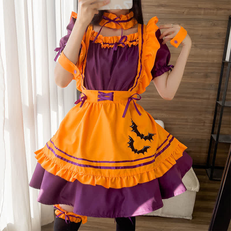 Cosplay Bat Embroidery Lace Up Ruffled Maid Dress
