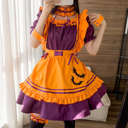 Cosplay Bat Embroidery Lace Up Ruffled Maid Dress