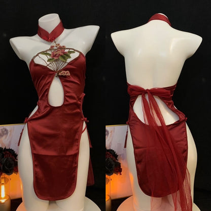 Vintage Sexy Flowers Hollow High Slit Cheongsam Dress Lingerie With Stockings