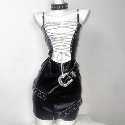Rhinestone Lace-up Hollow Out Lingerie Dress Set