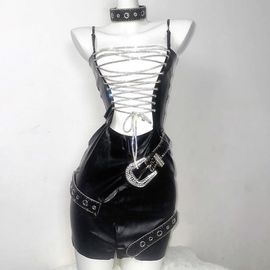 Rhinestone Lace-up Hollow Out Lingerie Dress Set