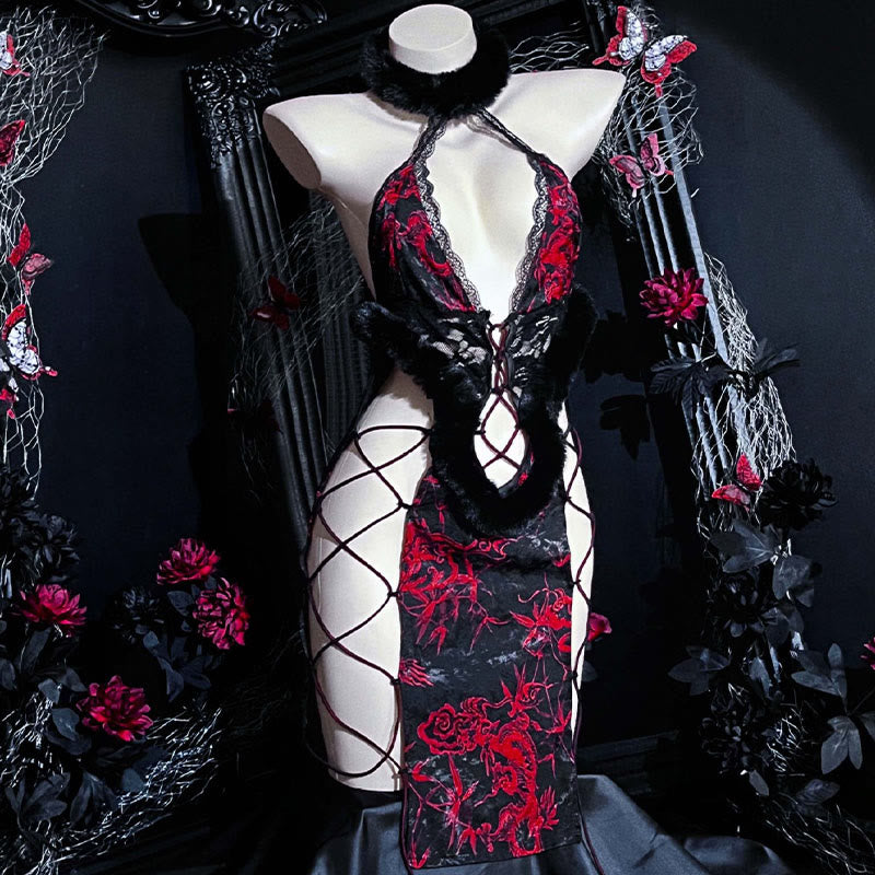 Lace Hollow Out Cheongsam Lingerie Dress