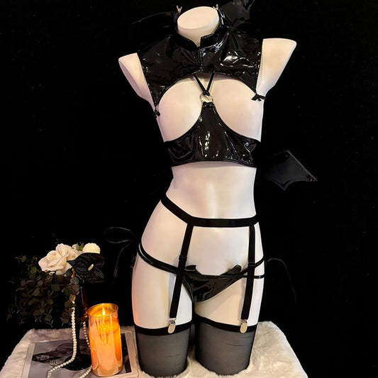 Devil PU Hollow Out Lingerie Set