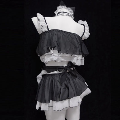 Ruffle Chiffon Cat Ears Tank Top Lingerie Set