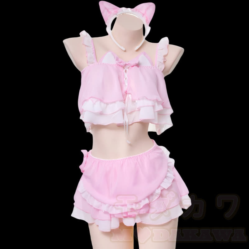 Ruffle Chiffon Cat Ears Tank Top Lingerie Set