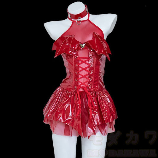 Halter Lace Up Little Demon PU Lingerie Set
