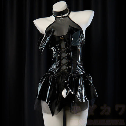 Halter Lace Up Little Demon PU Lingerie Set