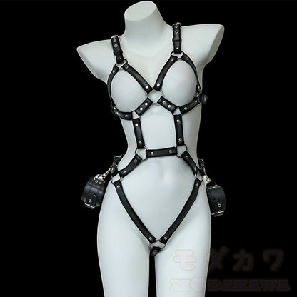 Sexy Hollow Out PU Bondage Lingerie With Handcuffs