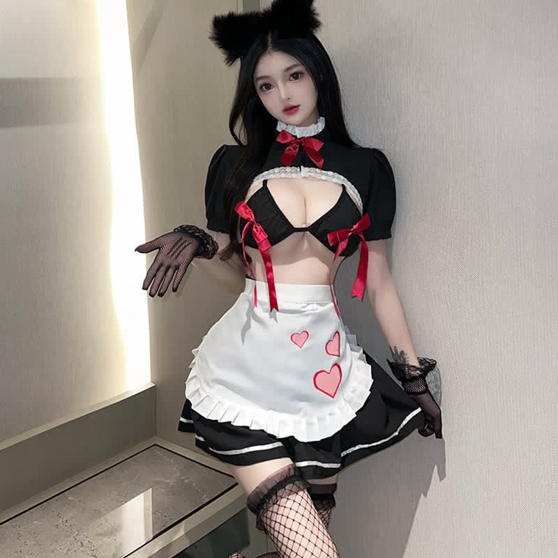 Cosplay Maid Bow Decor Hollow Out Lingerie Set