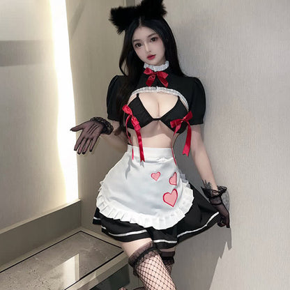 Cosplay Maid Bow Decor Hollow Out Lingerie Set