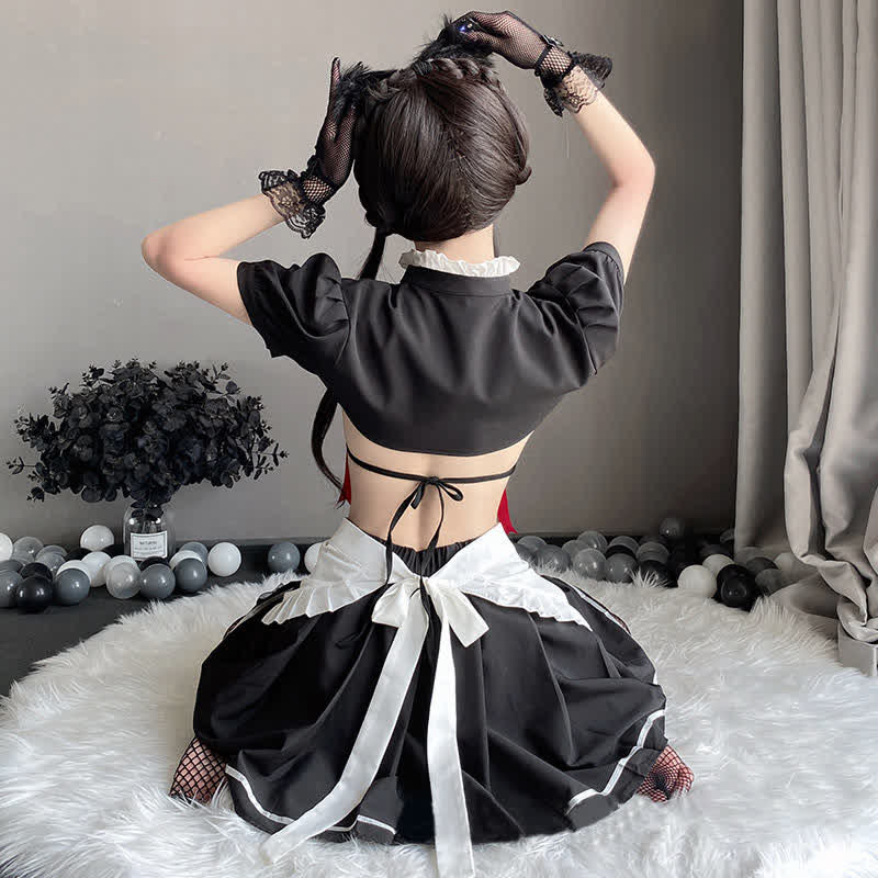 Cosplay Maid Bow Decor Hollow Out Lingerie Set