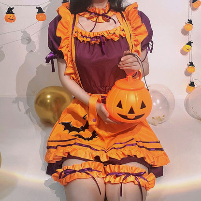 Cosplay Bat Embroidery Lace Up Ruffled Maid Dress