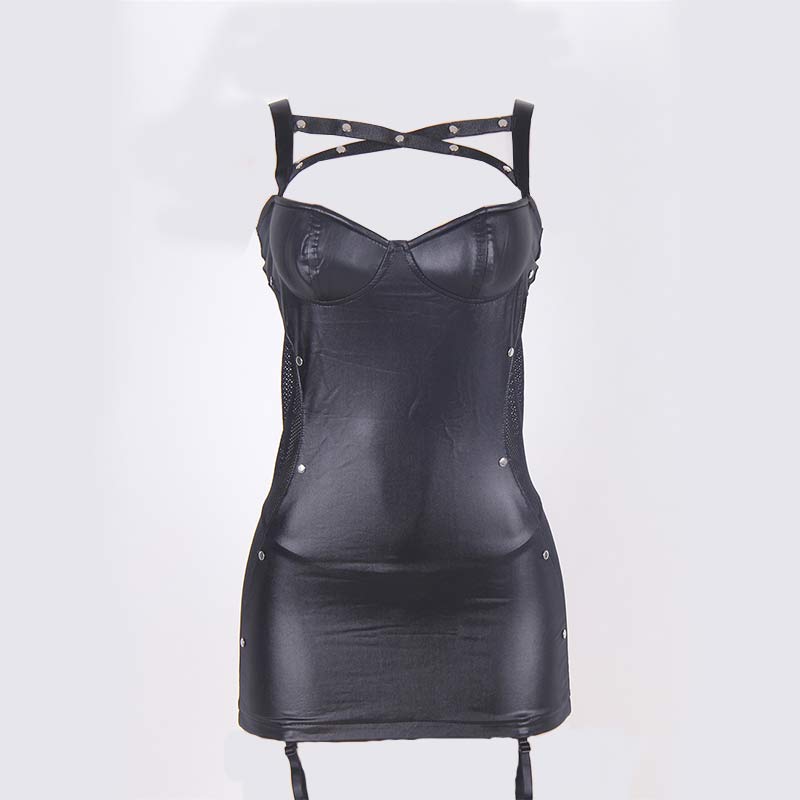 Hollow Out PU Leather Slip Dress