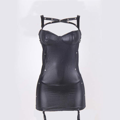 Hollow Out PU Leather Slip Dress