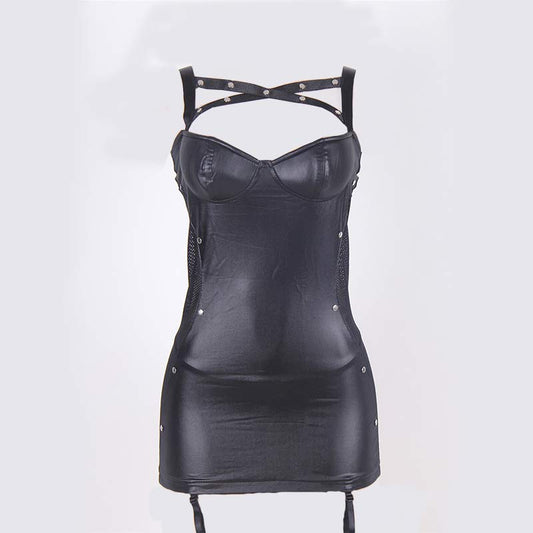 Hollow Out PU Leather Slip Dress