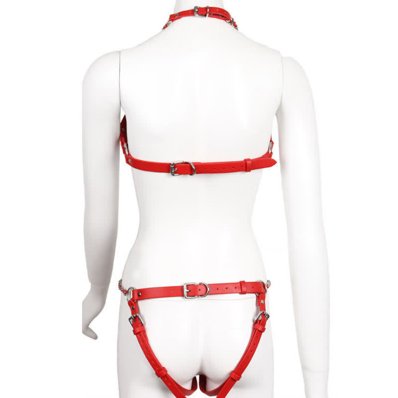 Sexy Halter Chain Hollow Out PU Lingerie Set