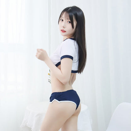 School Style Split Mini Crop Top Panty Lingerie Set