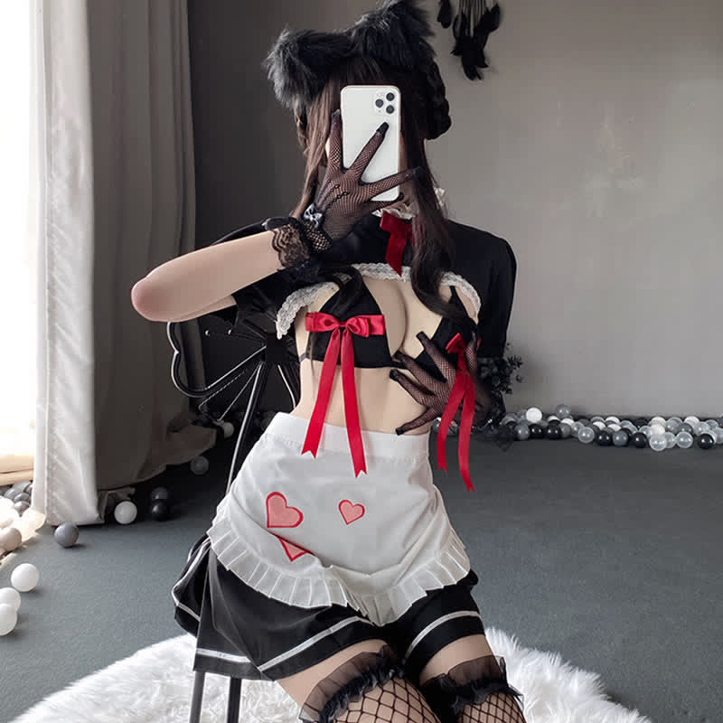 Cosplay Maid Bow Decor Hollow Out Lingerie Set