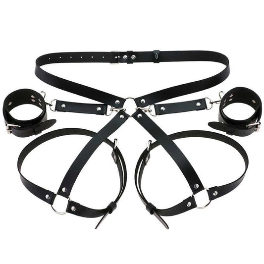 Hollow Out PU Leg Harness Lingerie With Handcuffs