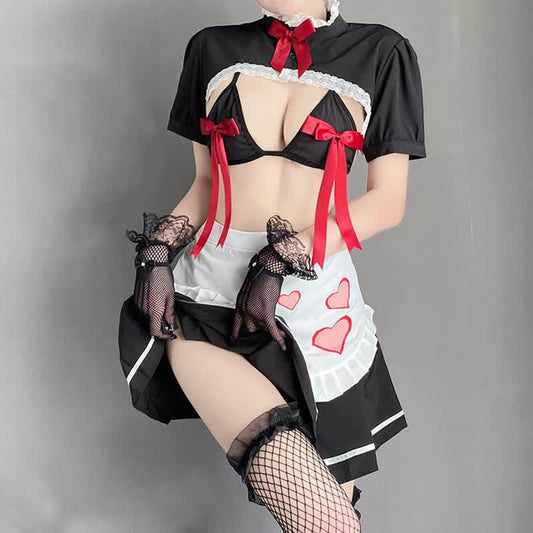 Cosplay Maid Bow Decor Hollow Out Lingerie Set
