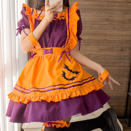 Cosplay Bat Embroidery Lace Up Ruffled Maid Dress
