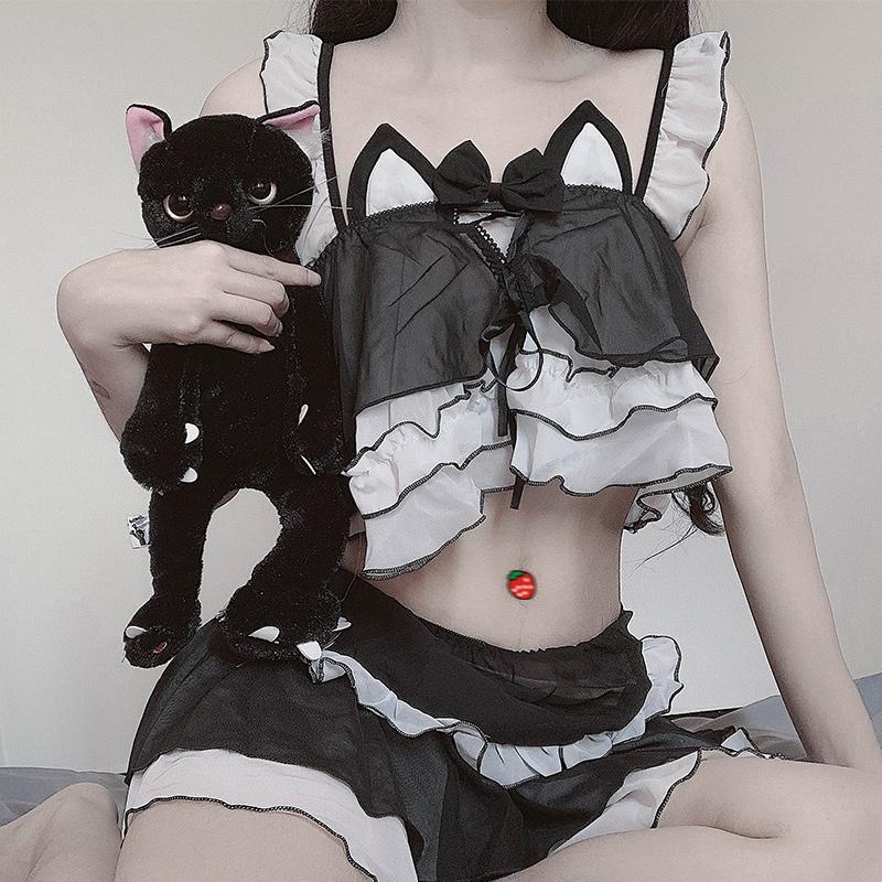 Ruffle Chiffon Cat Ears Tank Top Lingerie Set