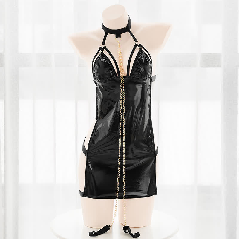 Halter Chain Hollow Out PU Lingerie Dress