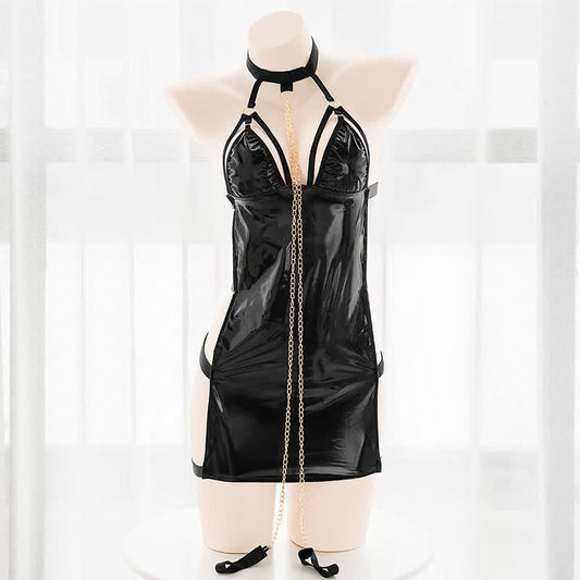 Halter Chain Hollow Out PU Lingerie Dress