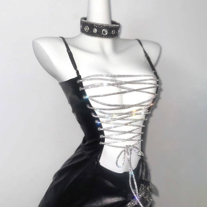 Rhinestone Lace-up Hollow Out Lingerie Dress Set
