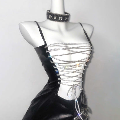 Rhinestone Lace-up Hollow Out Lingerie Dress Set